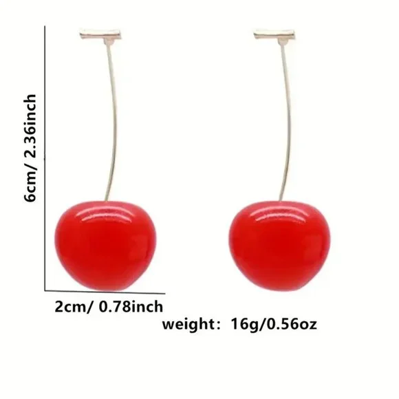Earrings Cherry Red Drop Dangle 14K Gold Plated Ornament Bomb Sexy Glam Trendy - Picture 4 of 6